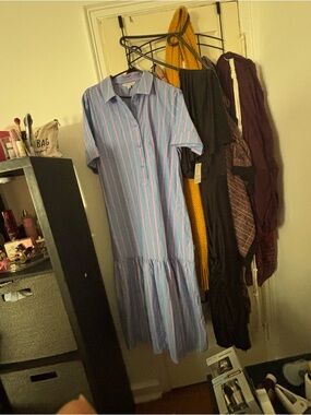 Blue and Pink Striped Button-Front Midi Shirt Dress